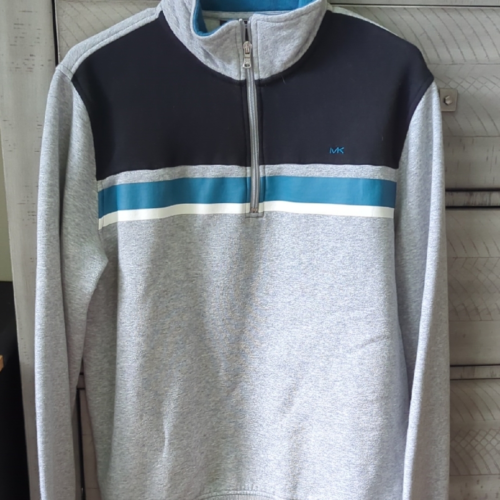 Michael Kors Men's Zip-Up Sweater in Gray and Black with Blue Stripe